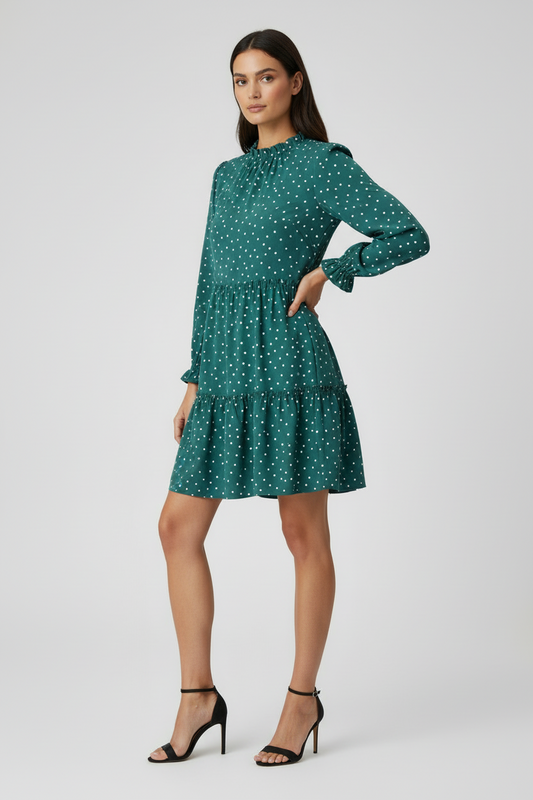 LuLaRoe Annabelle Ruffled Tiered Dress • Teal White Small Dot