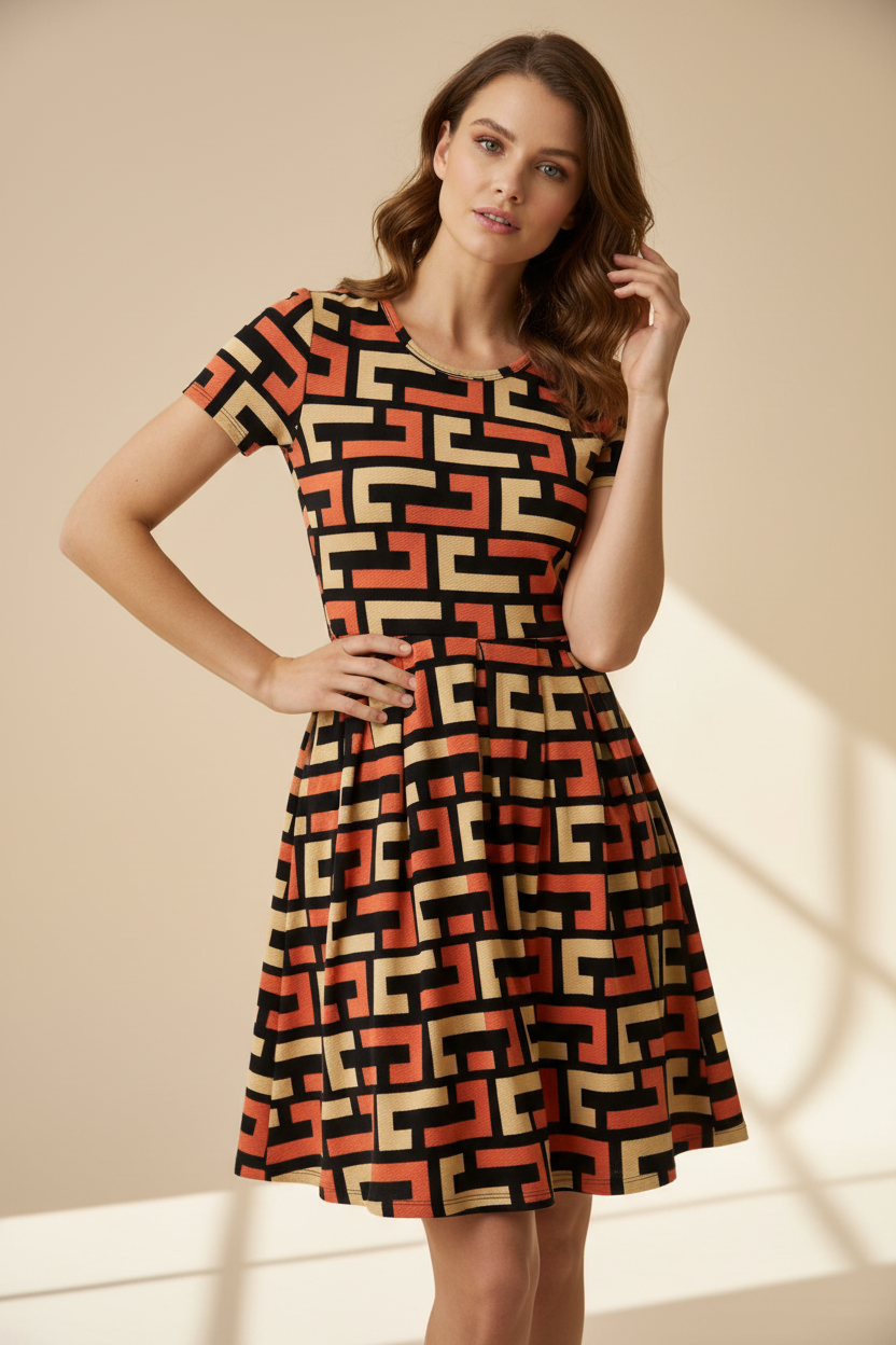 LuLaRoe Amelia Fitted Dress • Vintage Boho Vibes Orange Yellow Geo Print