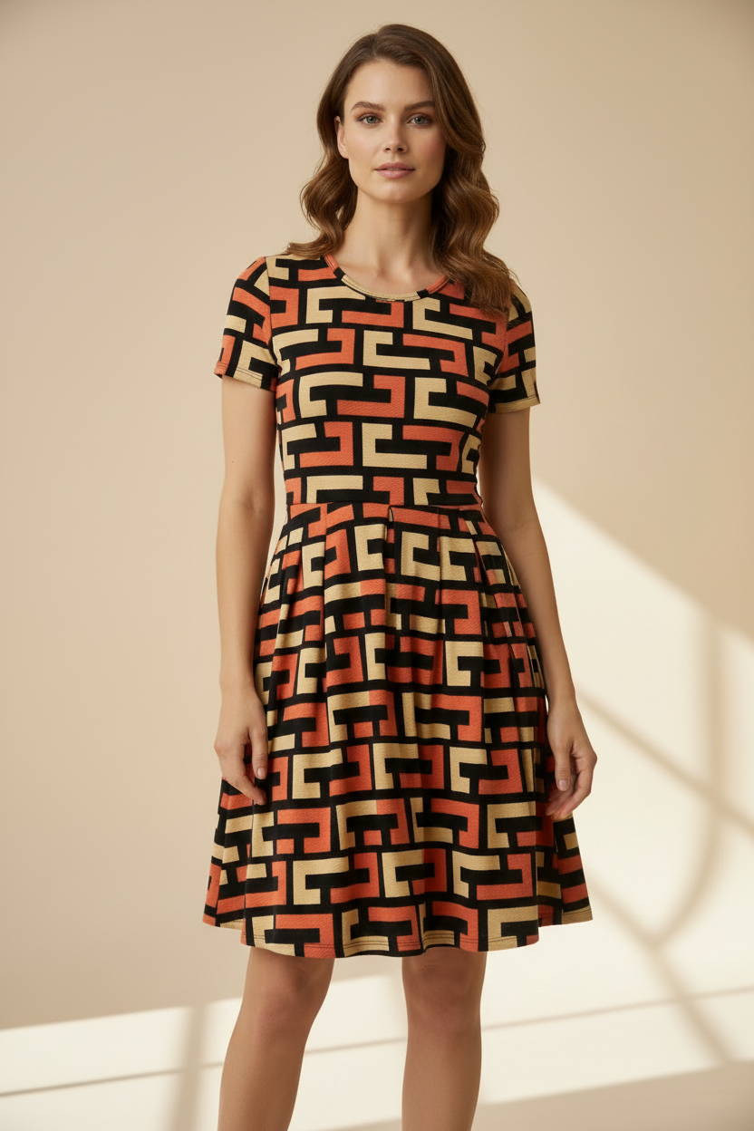 LuLaRoe Amelia Fitted Dress • Vintage Boho Vibes Orange Yellow Geo Print