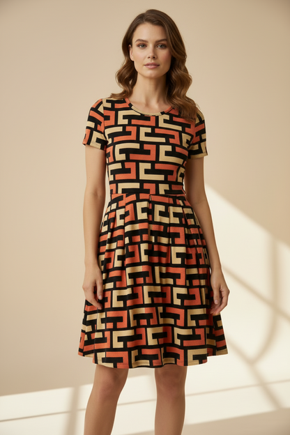 LuLaRoe Amelia Fitted Dress • Vintage Boho Vibes Orange Yellow Geo Print