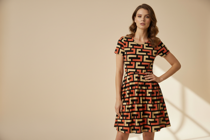 LuLaRoe Amelia Fitted Dress • Vintage Boho Vibes Orange Yellow Geo Print