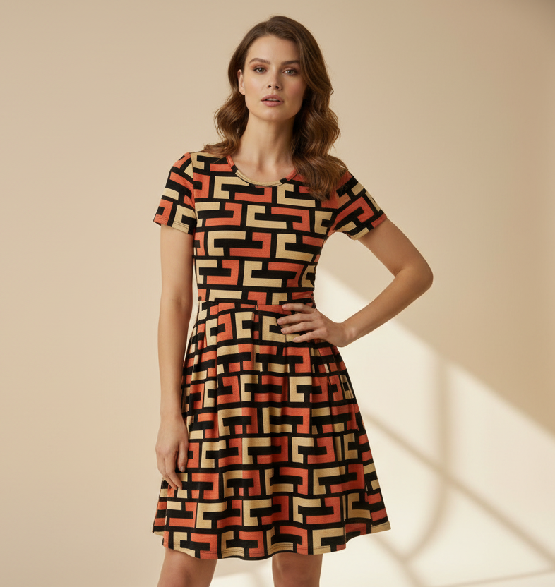 LuLaRoe Amelia Fitted Dress • Vintage Boho Vibes Orange Yellow Geo Print
