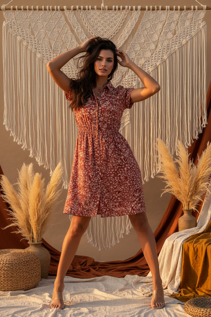Stacie Shirt Dress - Red Floral Print