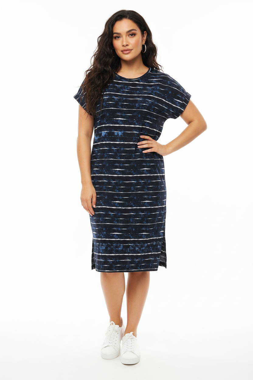 LuLaRoe Chelsea T Shirt Dress • Crêpe Moss Fabric • Step Hemline • Blue/White
