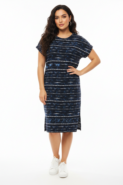 LuLaRoe Chelsea T Shirt Dress • Crêpe Moss Fabric • Step Hemline • Blue/White