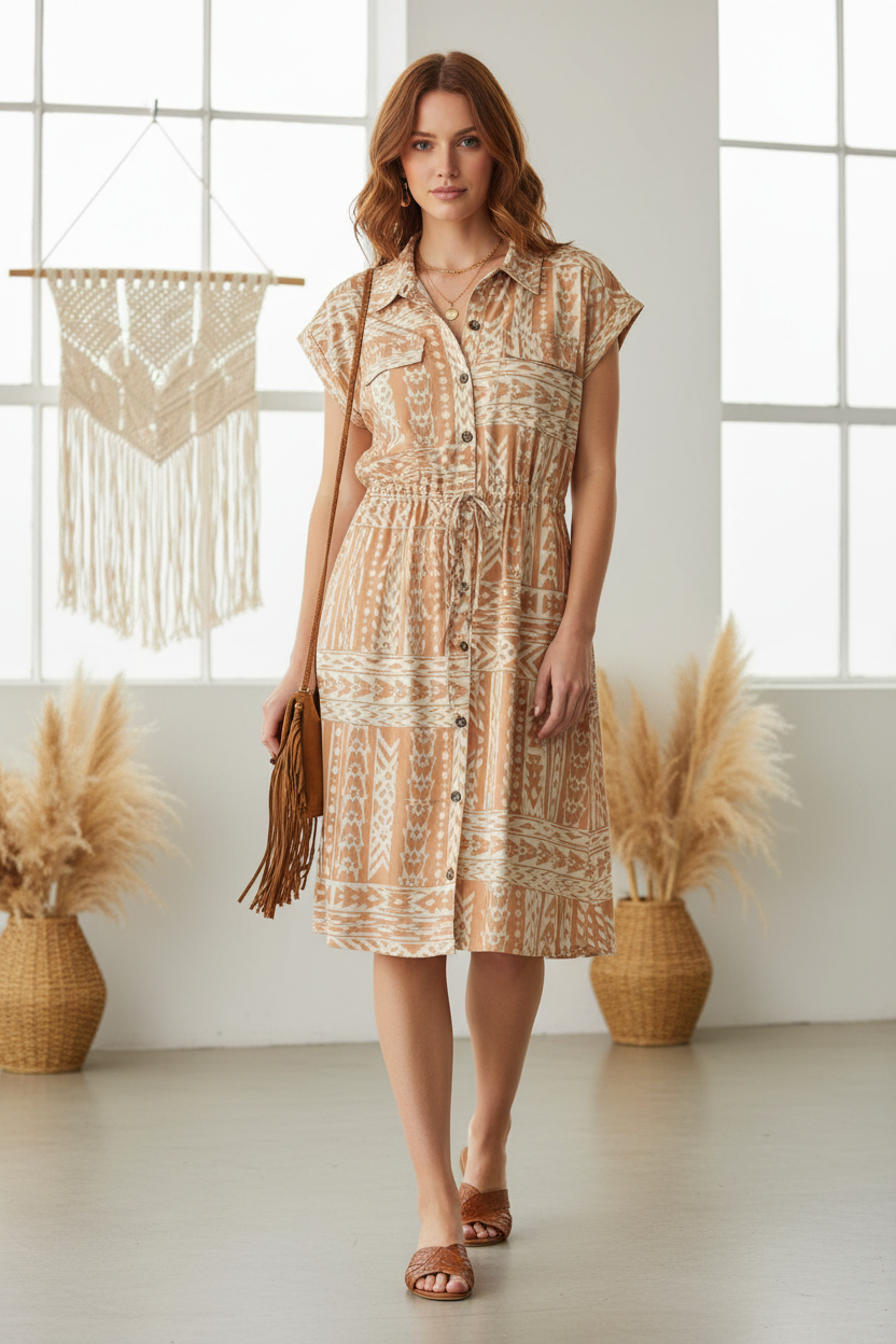 Stacie Shirt Dress - Tan Cream Aztec Boho