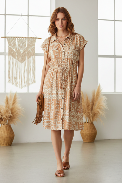 Stacie Shirt Dress - Tan Cream Aztec Boho