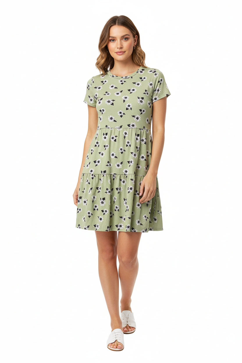 LuLaRoe Ariel Three Tiered Dress with Pockets • Green White Daisies