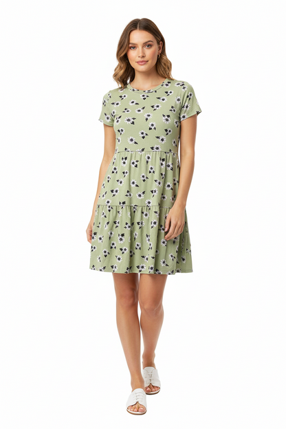 LuLaRoe Ariel Three Tiered Dress with Pockets • Green White Daisies