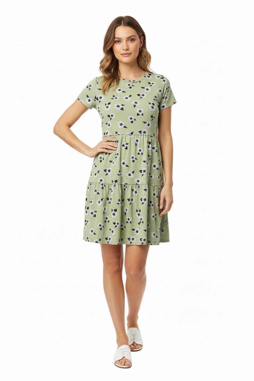 LuLaRoe Ariel Three Tiered Dress with Pockets • Green White Daisies