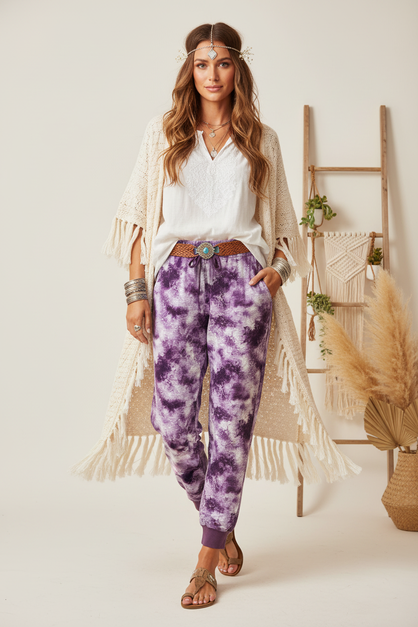 LuLaRoe Jax Joggers • Side Pockets  • Cuffed Ankles • Elastic and Drawstring Waist • Purple White Wash