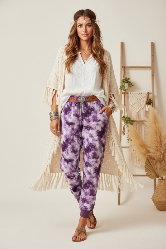 LuLaRoe Jax Joggers • Side Pockets  • Cuffed Ankles • Elastic and Drawstring Waist • Purple White Wash