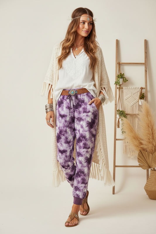 LuLaRoe Jax Joggers • Side Pockets  • Cuffed Ankles • Elastic and Drawstring Waist • Purple White Wash