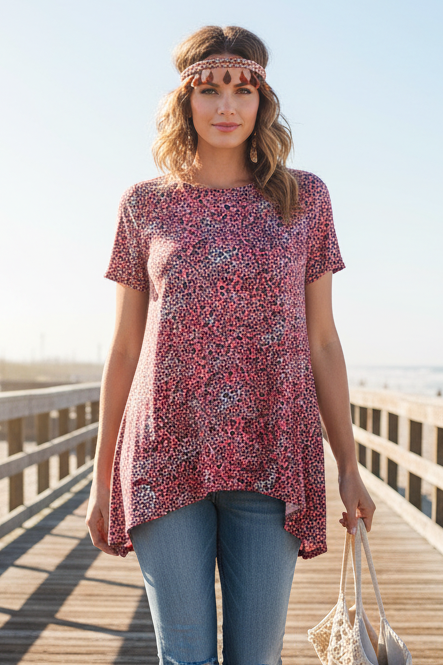 LuLaRoe Melissa • Shark Bite Hem Tunic Top • Black and Coral Cheetah Print