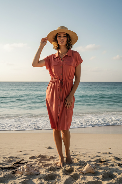 Stacie Shirt Dress - Solid Faded Rose Red