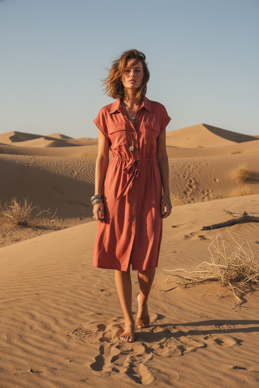 Stacie Shirt Dress - Solid Faded Rose Red