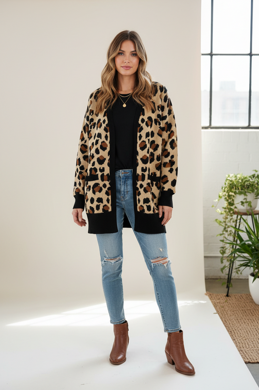 LuLaRoe Peyton • Open Front Cardigan • Boho Style • Tan Brown Black Cheetah Print