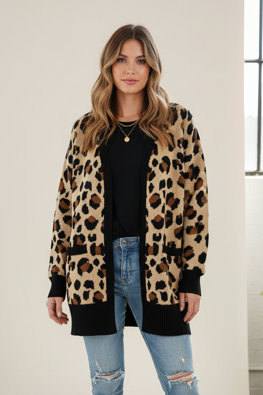 LuLaRoe Peyton • Open Front Cardigan • Boho Style • Tan Brown Black Cheetah Print