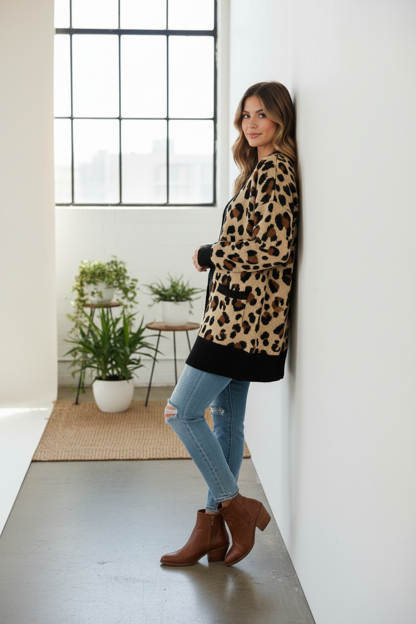 LuLaRoe Peyton • Open Front Cardigan • Boho Style • Tan Brown Black Cheetah Print