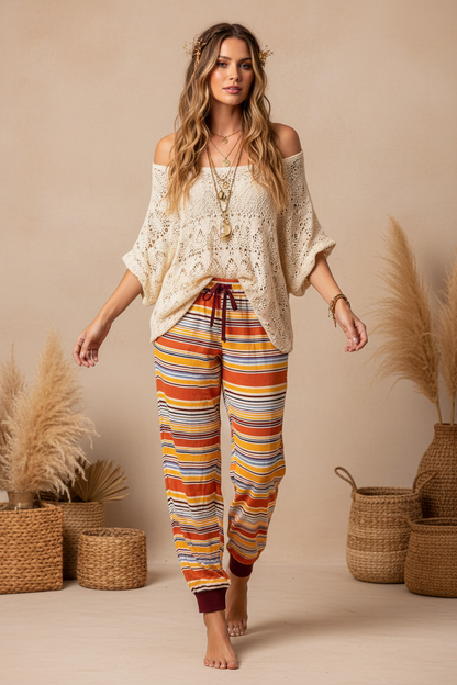 LuLaRoe Jax Joggers • Side Pockets  • Cuffed Ankles • Elastic and Drawstring Waist • Orange Burgundy Variegated Stripe