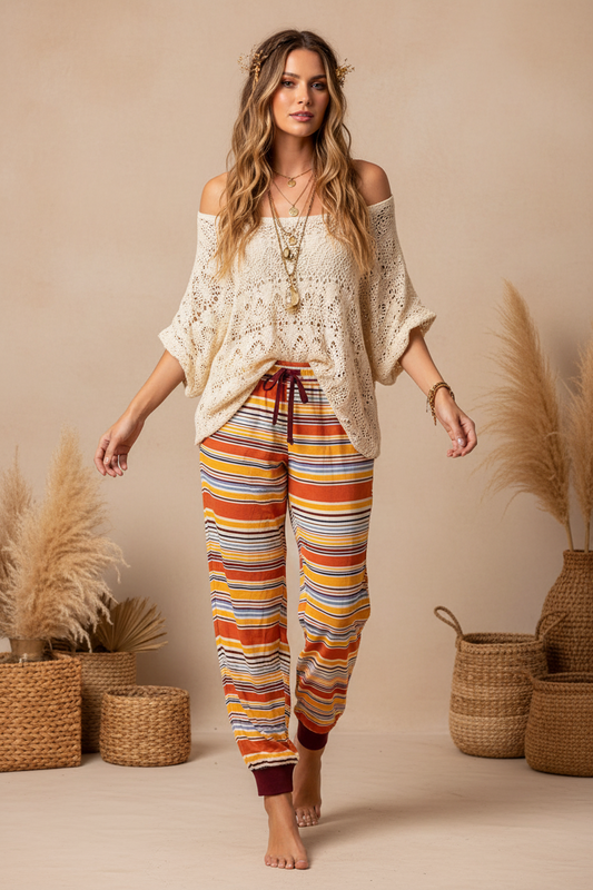 LuLaRoe Jax Joggers • Side Pockets  • Cuffed Ankles • Elastic and Drawstring Waist • Orange Burgundy Variegated Stripe