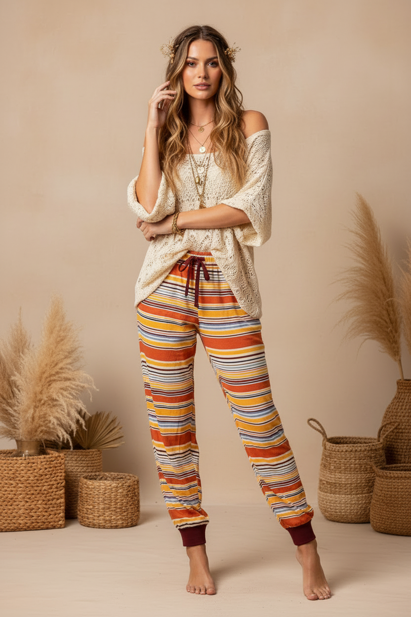 LuLaRoe Jax Joggers • Side Pockets  • Cuffed Ankles • Elastic and Drawstring Waist • Orange Burgundy Variegated Stripe