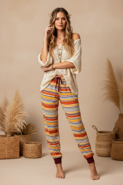 LuLaRoe Jax Joggers • Side Pockets  • Cuffed Ankles • Elastic and Drawstring Waist • Orange Burgundy Variegated Stripe