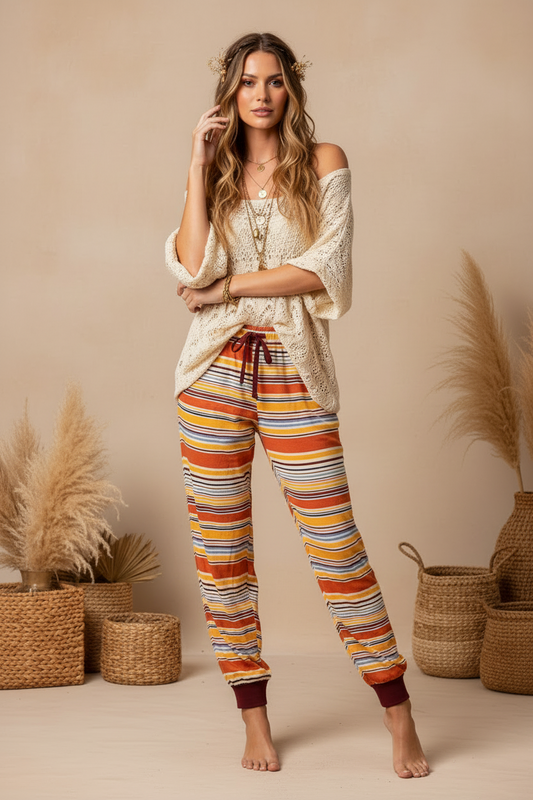 LuLaRoe Jax Joggers • Side Pockets  • Cuffed Ankles • Elastic and Drawstring Waist • Orange Burgundy Variegated Stripe