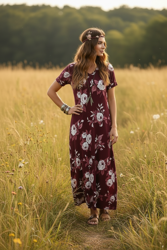 LuLaRoe Macy • Maxi Dress • Double V-Neck • Split Hem • Maroon White Floral