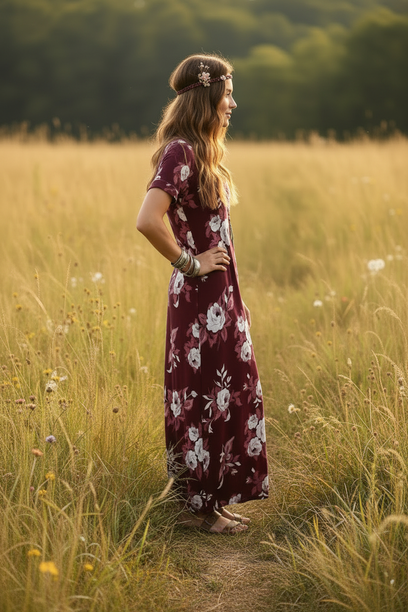 LuLaRoe Macy • Maxi Dress • Double V-Neck • Split Hem • Maroon White Floral