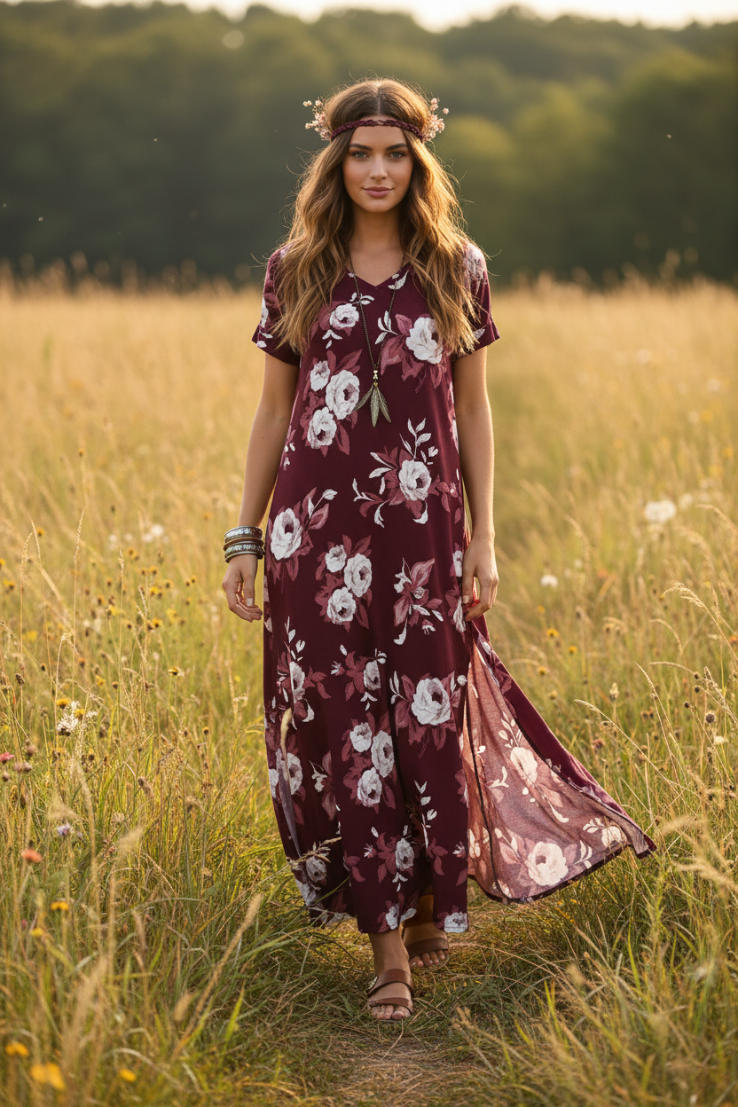 LuLaRoe Macy • Maxi Dress • Double V-Neck • Split Hem • Maroon White Floral