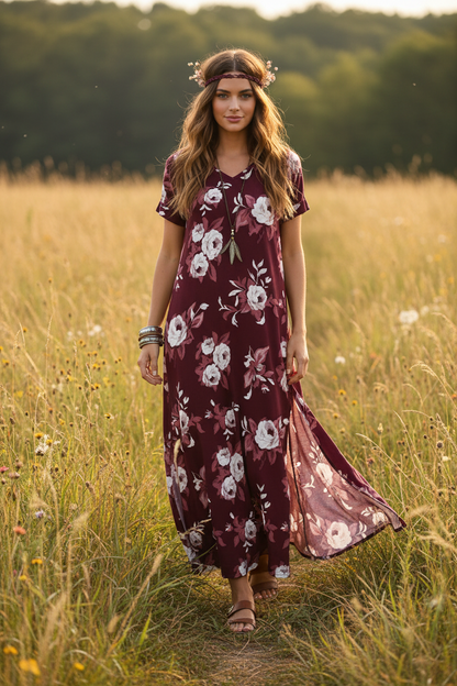 LuLaRoe Macy • Maxi Dress • Double V-Neck • Split Hem • Maroon White Floral