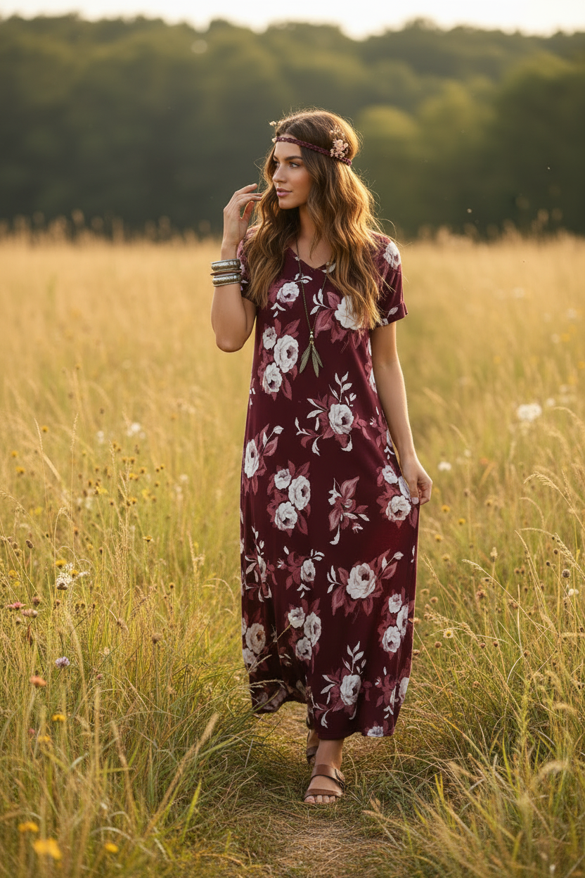 LuLaRoe Macy • Maxi Dress • Double V-Neck • Split Hem • Maroon White Floral