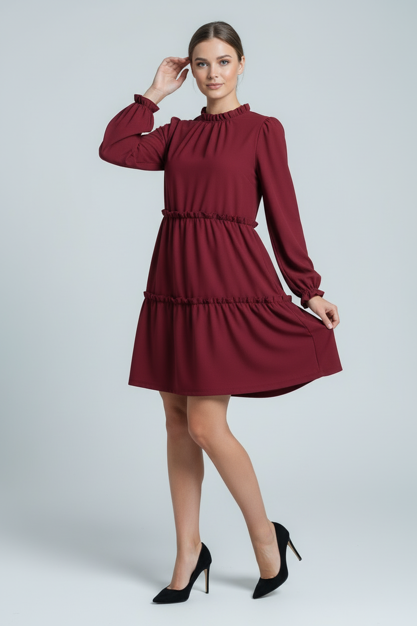 LuLaRoe Annabelle Ruffled Tiered Dress • Solid Merlot Red
