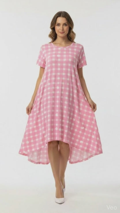 LuLaRoe Carly • High Low Hemline Swing Dress • Checkered • Pink and White