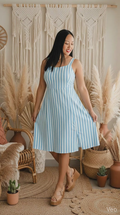 LuLaRoe Navy Cross Back Dress with Side Seam Pockets • Blue Cream Vertical Stripe