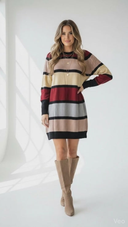 Lauren Sweater Dress - Maroon Blush Cream Stripe