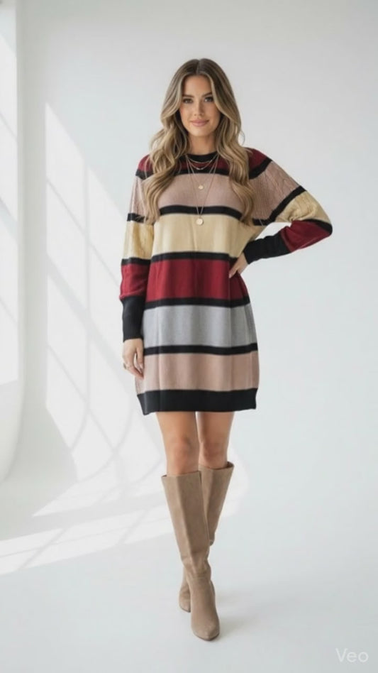 Lauren Sweater Dress - Maroon Blush Cream Stripe
