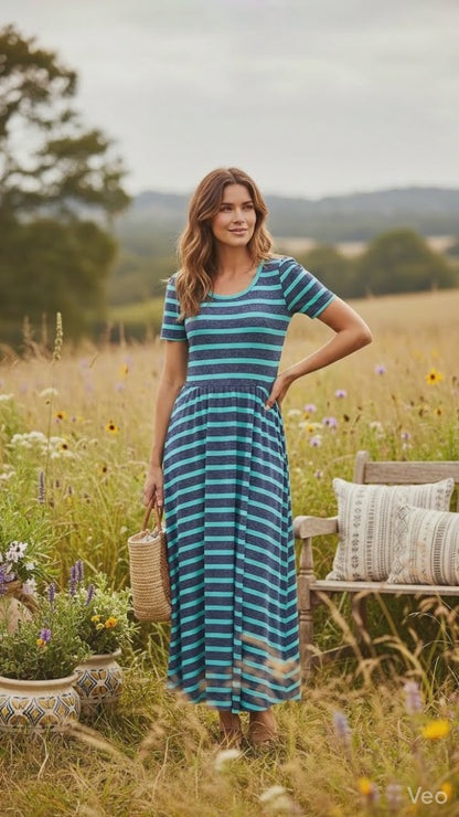 LuLaRoe Riley • Empire Waist Midi Dress • Purple Teal Stripe
