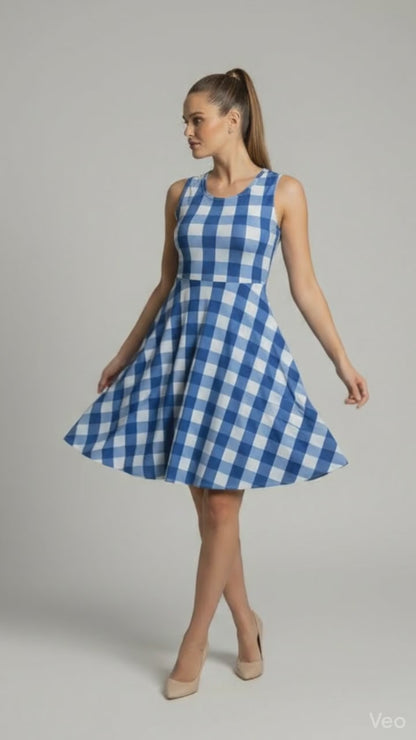 LuLaRoe Nicki • A-Line • Sleeveless • Fit and Flare Dress • Blue and White Check