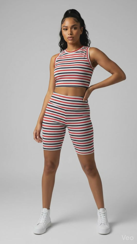 LuLaRoe Biker Shorts • Grey Red Blue Stripe