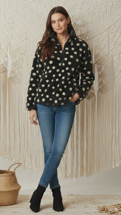 LuLaRoe Nancy Half Zip Pullover with Side Pockets • Black with Cream Dots