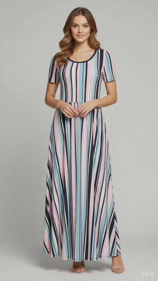 LuLaRoe Riley • Empire Waist Midi Dress • Blue Pink Vertical Stripe