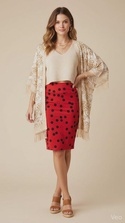 LuLaRoe Cassie Pencil Skirt • Vintage  Rare Print • Red with Black Polka Dots