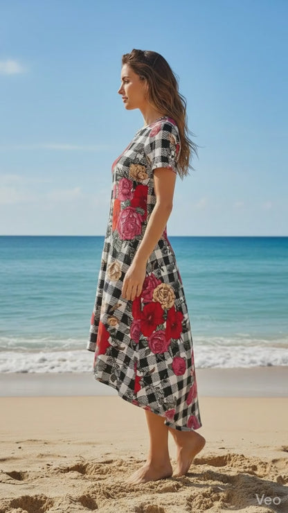 LuLaRoe Carly • High Low Hemline Swing Dress • Black White Gingham with Roses