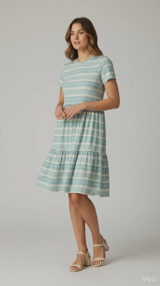 LuLaRoe Ariel Three Tiered Dress with Pockets • Blue White Stripe