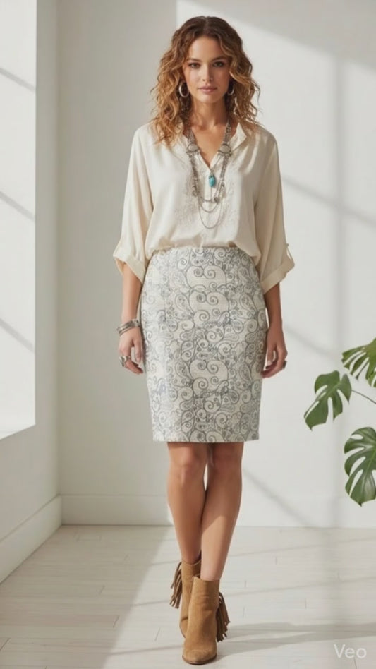 LuLaRoe Cassie Pencil Skirt • Vintage Rare Print • White Iridescent Paisley