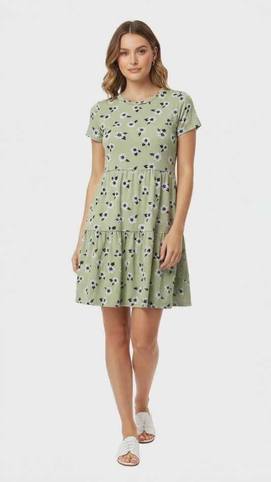 LuLaRoe Ariel Three Tiered Dress with Pockets • Green White Daisies