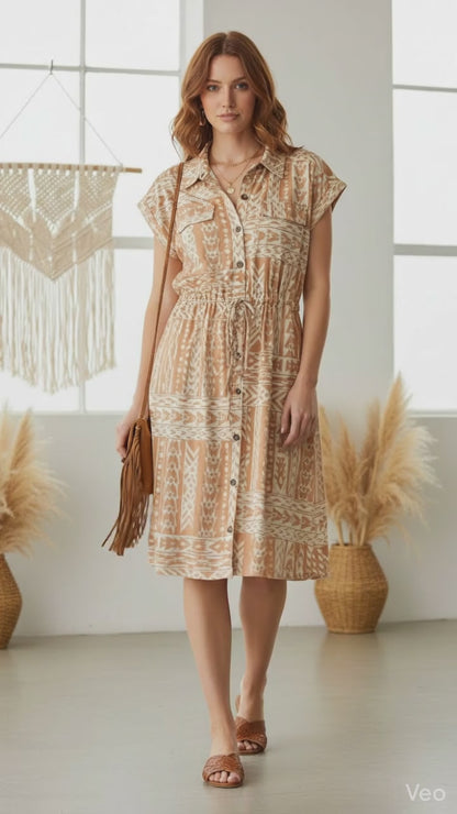 Stacie Shirt Dress - Tan Cream Aztec Boho