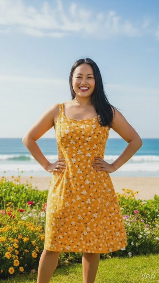 LuLaRoe Navy Cross Back Dress with Side Seam Pockets • Yellow White Floral